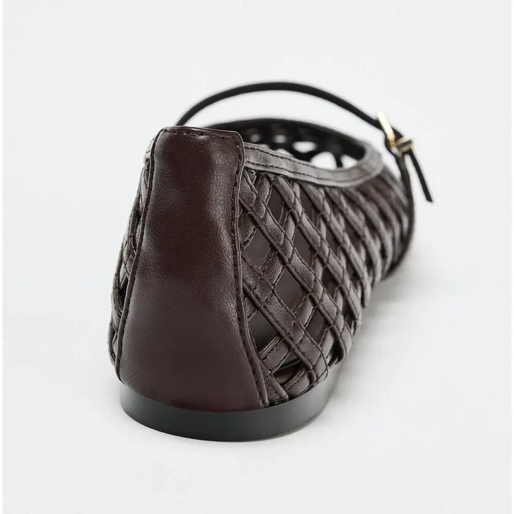 Zara Dark Brown Woven Mary Jane Flats - Picture 12 of 14